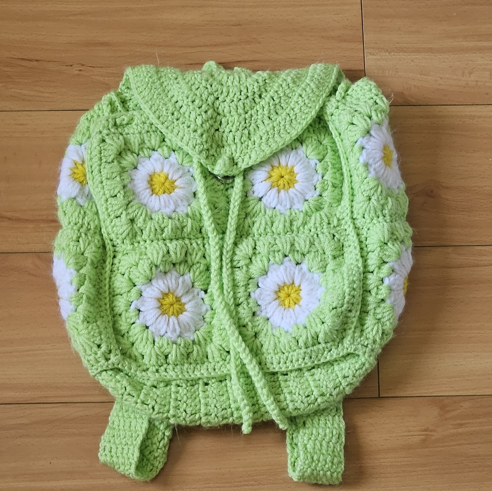 Handmade Green Crochet Backpack with Floral Design